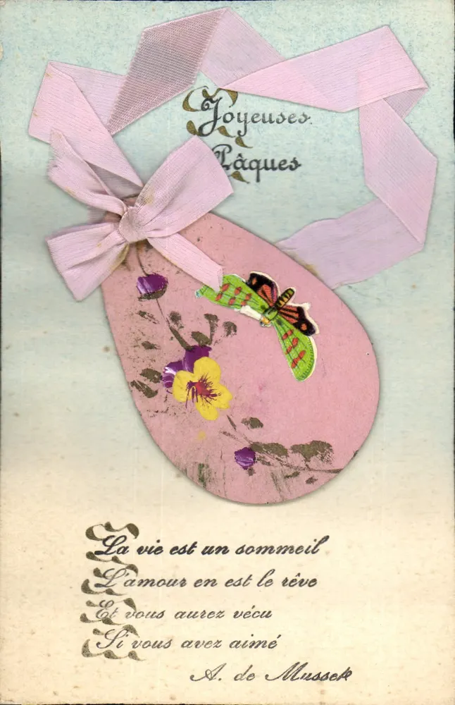 Páscoa — ovo decorado e borboleta — A. de Musset - Frente