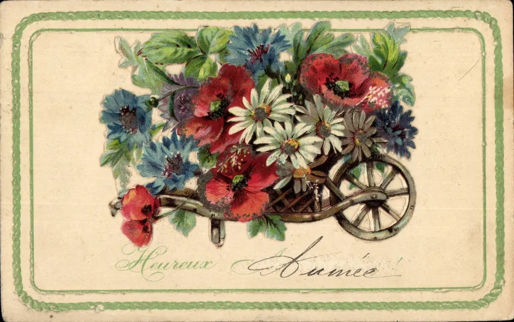 Flores em um carrinho — Feliz Ano! — Carta postal - Frente