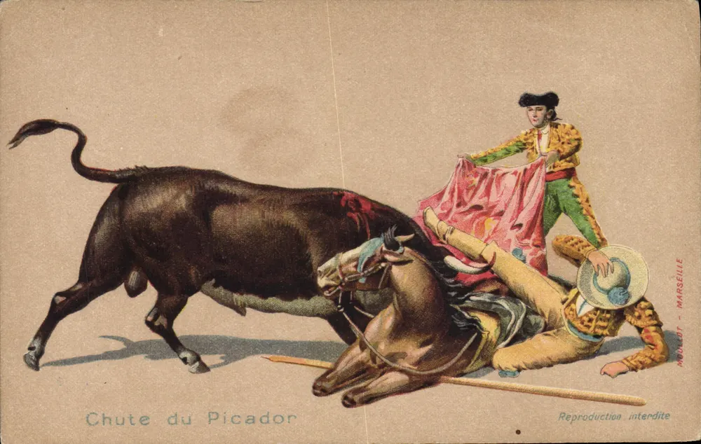 Chute du Picador — scène de tauromachie — MOULOUF - MARSEILLE - Recto