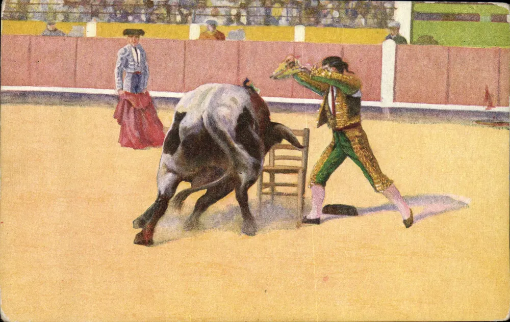 Ein Stier gegen einen Stuhl — Stierkampf-Szene — Editions Victoria N. Coll Solieti, Barcelona, Nr. 5 - Vorderseite