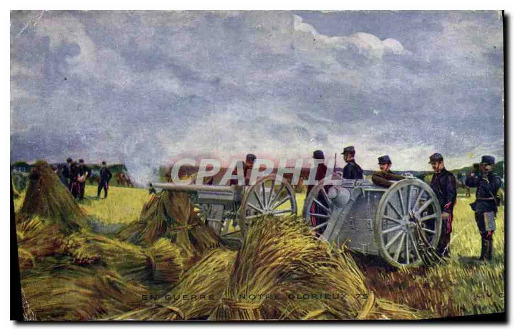 Soldados perto de um canhão — Em guerra, nosso glorioso 75 — C.V.C. - Frente