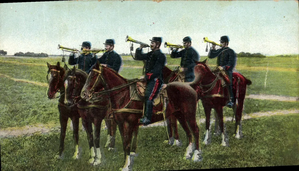 Cinco cavaleiros em uniforme — com trombetas — editor anônimo, número de série não visível - Frente