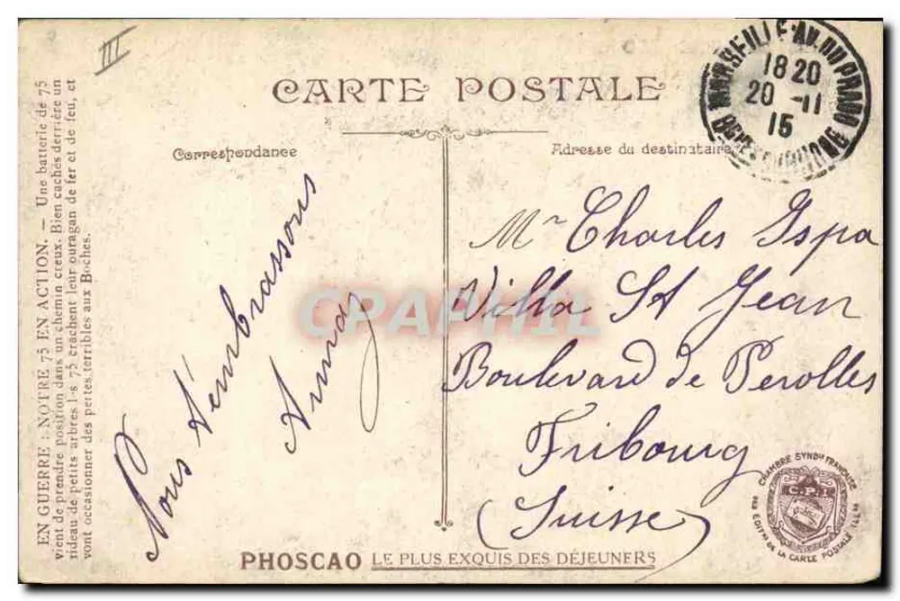 Batalha da Marne — Bateria de 75 em ação — Phoscao - Verso