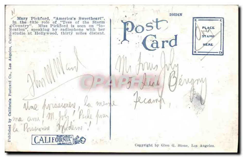 Mary Pickford, Pickford-Fairbanks Studios, Hollywood — Verlag Glen G. Stone, Nr. 26634N - Rückseite