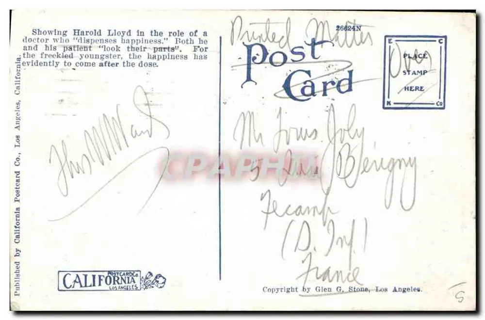 Dr. Harold Lloyd e seu paciente, Micky Daniels — California Postcard Co. n.º 26824N - Verso