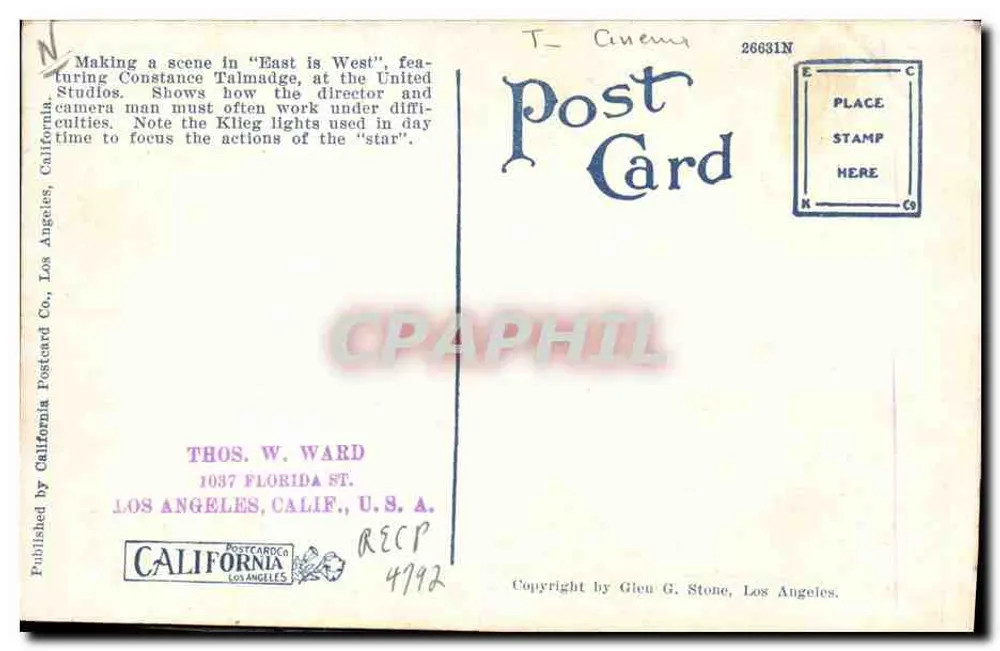 Filmkulisse in Hollywood — Constance Talmadge — Verlag California Postcard Co. Nr. 26631N - Rückseite