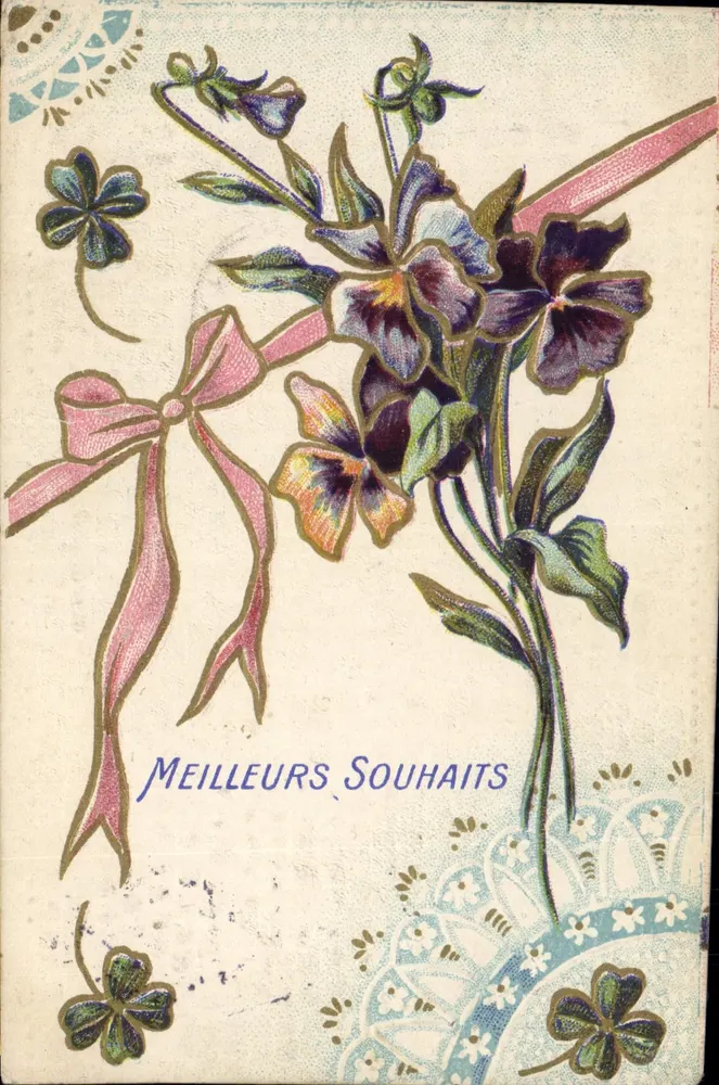 Flores e fita rosa — Melhores Desejos — Carta postal universal - Frente
