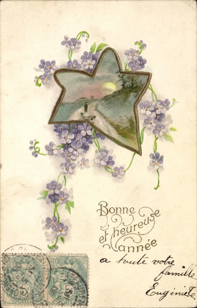 Boa ano e feliz — carta de boas-vindas decorada com uma estrela e flores — editor não visível - Frente
