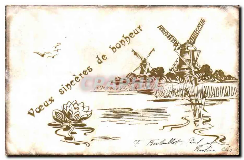 Moinho de vento e lótus — T. Berthullet, Paul L. — Poste no Lago - Frente