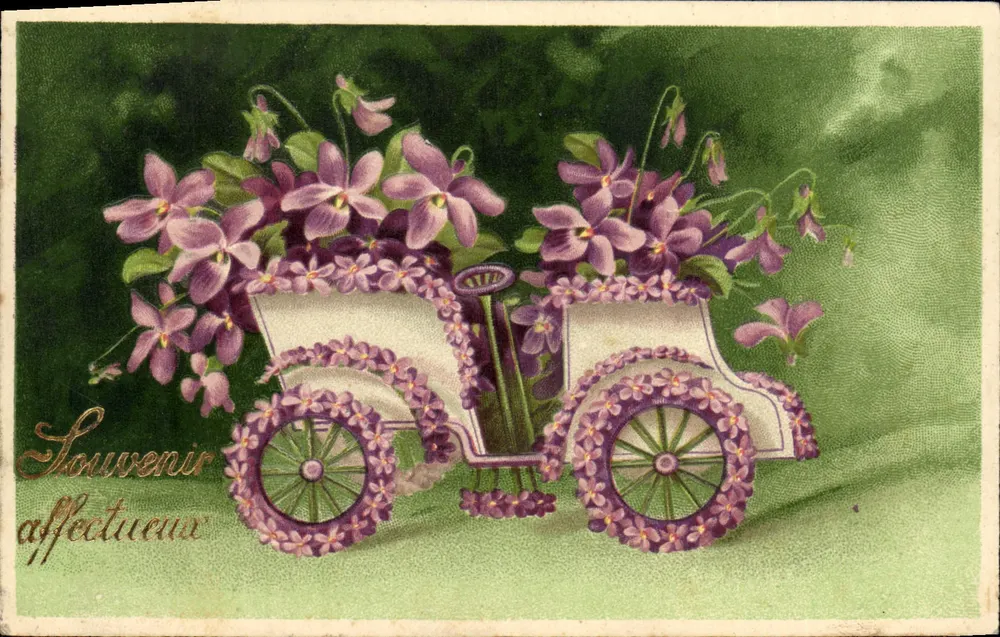 Carro decorado com violetas — Lembrança afetuosa — União Postal Universal - Frente