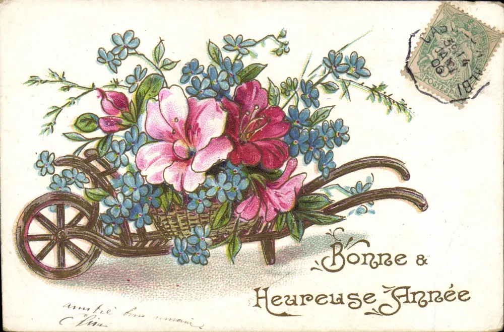Flores em um carrinho — Boa e Feliz Ano — J.C. Paris - Frente