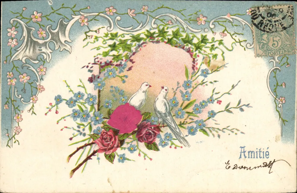 Dos palomas entre flores — Amistad — Éd. Dumont - Anverso