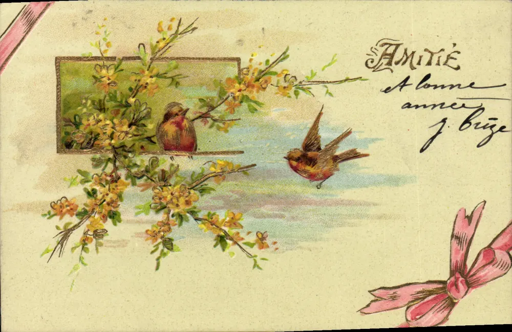 Pássaros e flores — Amizade e feliz ano novo — J. Brize - Frente