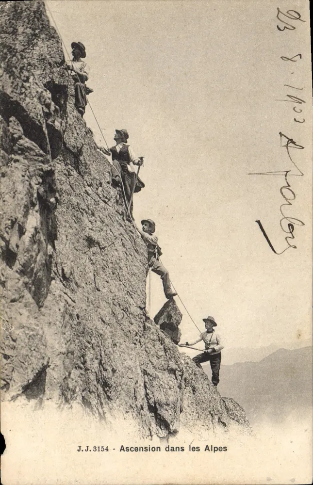 Ascension dans les Alpes — scène de grimpeurs sur falaise — J.J. 3154 - Recto