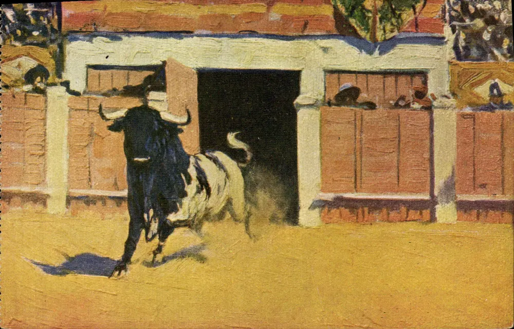 Saída do touro — Tarjeta Postal Union Postale Universelle — Juan Barguñà, Barcelona - Frente