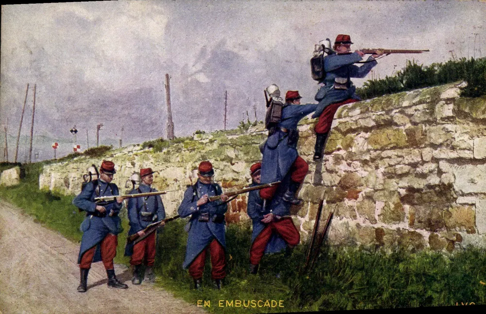 Soldados em emboscada — cena de guerra — editor LVC, número de série não visível - Frente