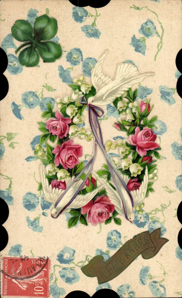 Bom Ano — Duas pombas e coroa de rosas — J.C. Paris - Frente