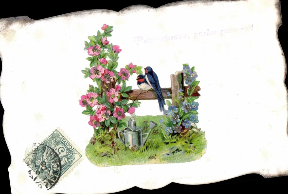 Pequenos pássaros, falem por mim — ilustração de jardim com pássaros e flores — editor desconhecido - Frente
