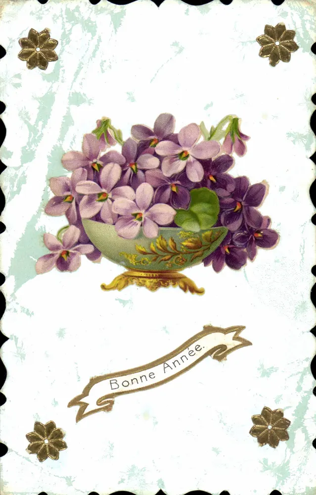 Violetas em um pote — Boa Ano — Carta postal francesa - Frente