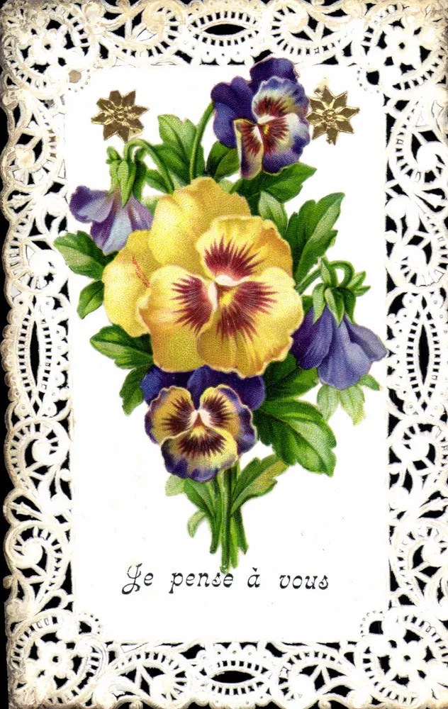 Arranjo de pensos — Eu penso em você — Carta postal decorada com renda - Frente