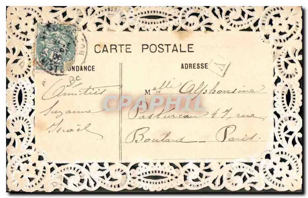 Arranjo de pensos — Eu penso em você — Carta postal decorada com renda - Verso