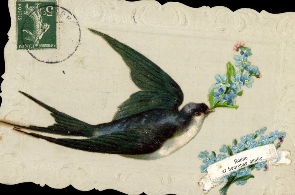 Vogel mit Blumen — Frohes Neues Jahr — Verlag P.F.L. Marseille - Vorderseite