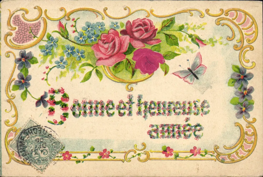 Flores e borboleta — Boa e feliz ano — K. F. Éditeurs Paris, série 0198 - Frente