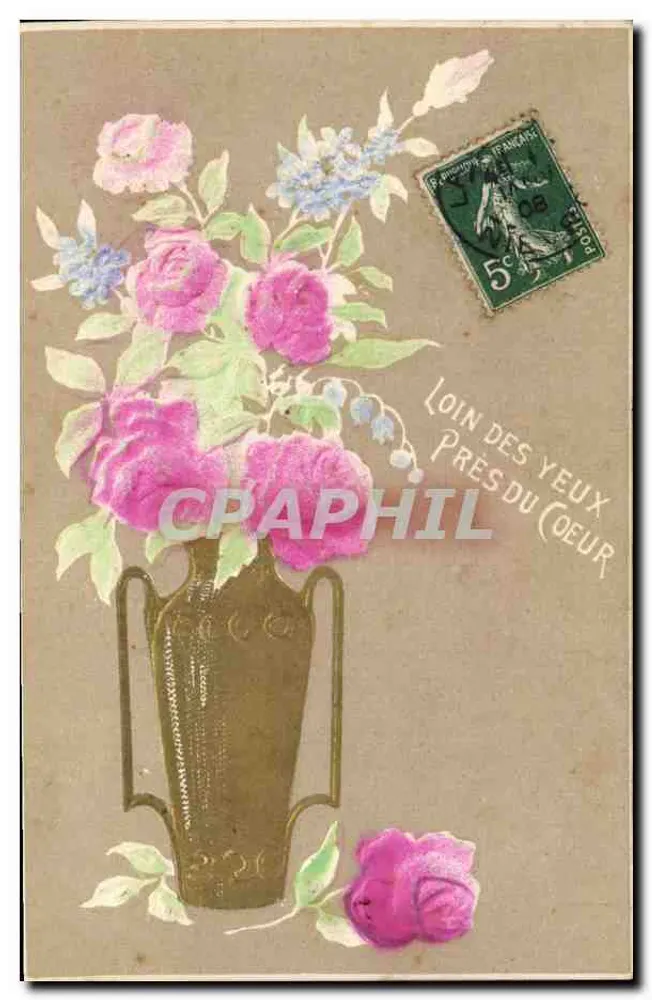 Arranjo de rosas e flores azuis em um vaso — editor não visível — número de série não visível - Frente