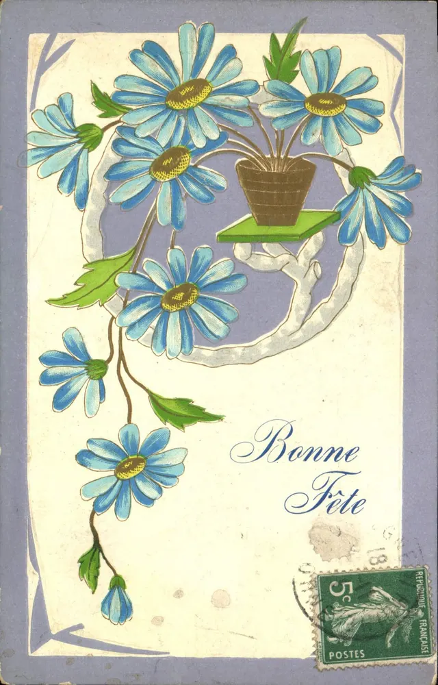 Flores azuis em um vaso — Feliz Aniversário — República Francesa, n° 18 - Frente