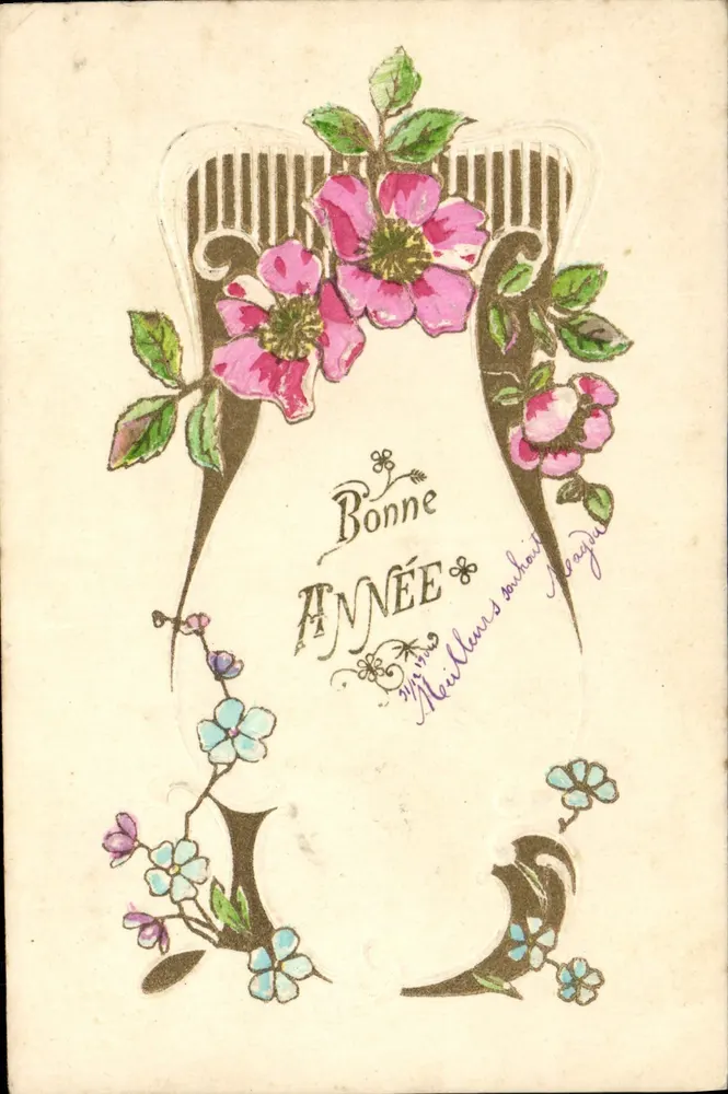 Boa Ano — cartão de boas-vindas decorado com flores — editor não visível - Frente