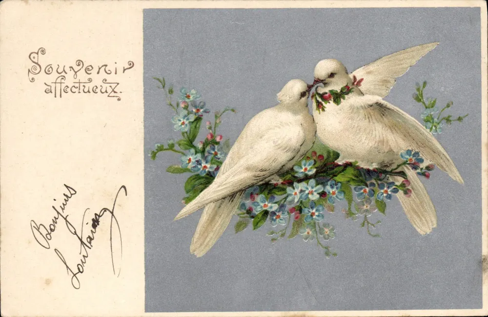 Duas pombas apaixonadas — flores e texto afetuoso — editor não identificado - Frente
