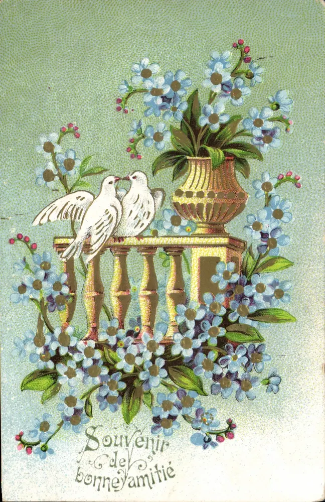 Duas pombas e flores — Lembrança de boa amizade — fabricado na Alemanha - Frente