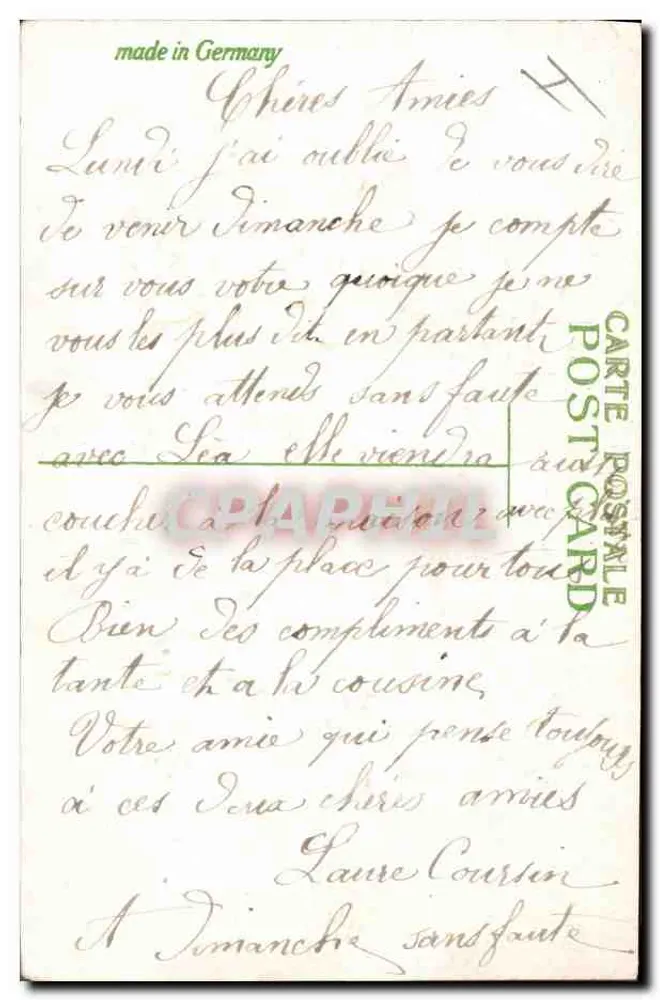 Duas pombas e flores — Lembrança de boa amizade — fabricado na Alemanha - Verso