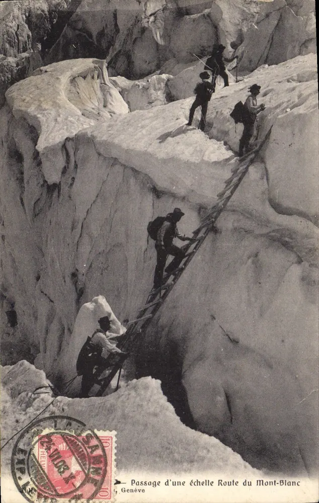 Passage d'une échelle sur le glacier du Mont-Blanc — Route du Mont-Blanc, Genève — éditeur Helu - Vorderseite