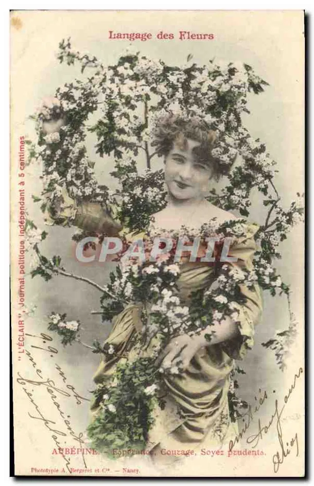 Frau umgeben von Blumen — Sprache der Blumen — Phototypie A. Vergeront et C° — Nancy - Vorderseite