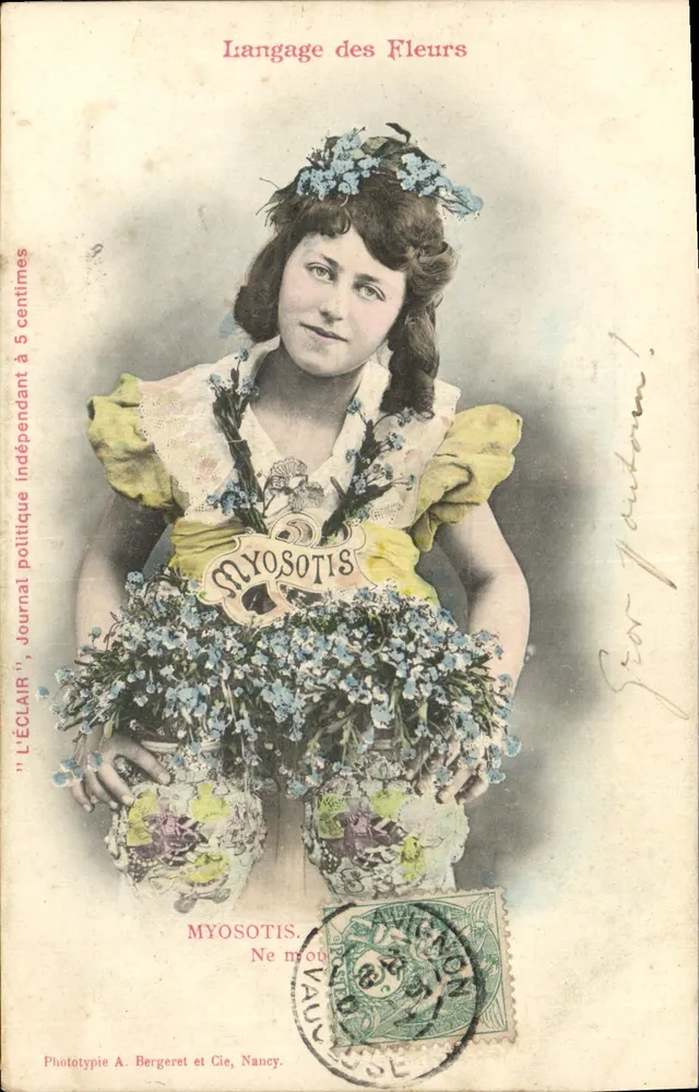 Frau in gelbem Kleid mit Myosotis — Sprache der Blumen — Phototypie A. Bergeret et Cie, Nancy - Vorderseite