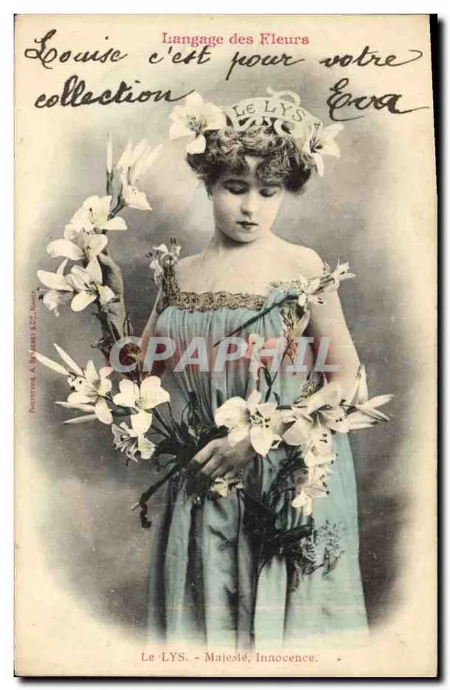 Frau in blauer Robe mit Lilien — Sammlung 'Le LYS' — Fotograf A. Brabant & Cie, Paris - Vorderseite