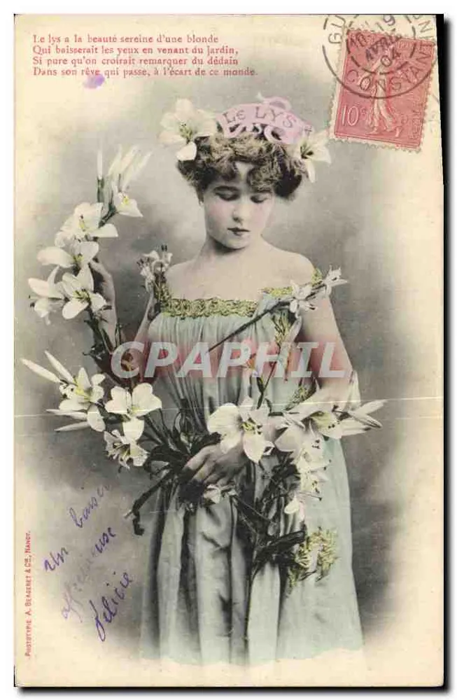 Blonde junge Frau in blauer Kleidung mit Lilien — Prototypie A. Beugnet & Cie, Nancy — Nr. 103 - Vorderseite