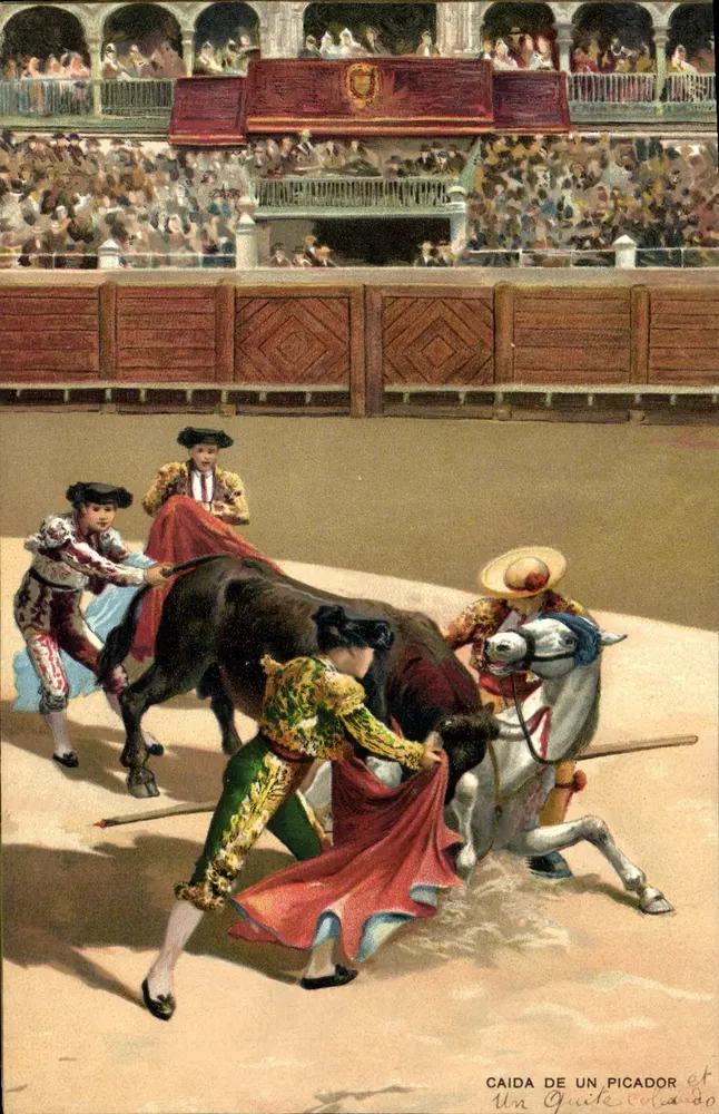 Sturz eines Picadors — Stierkampfszene — Stengel & Co., H. Darmstadt - Vorderseite