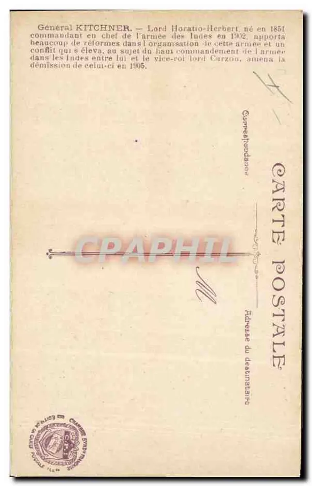 Generał Kitchener — Lord Horatio Herbert — Fot. H. Manuel, Paryż — nr O.6 - Rewers