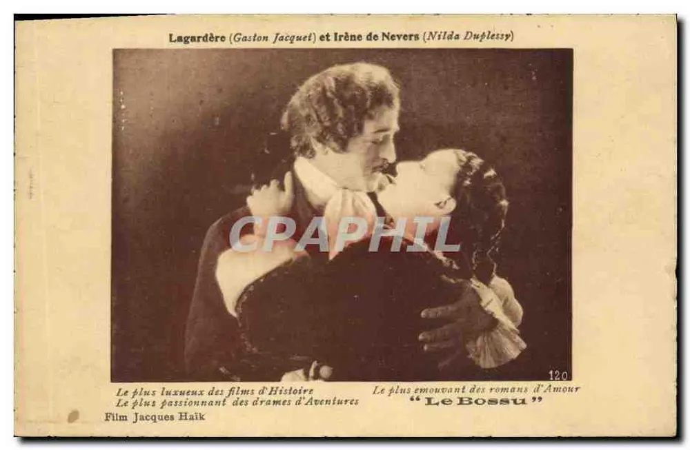 Lagardère (Gaston Jacquet) und Irène de Nevers (Nilda Duplessy) — Liebesszene aus « Le Bossu » — Photo Combier Macon n°120 - Vorderseite