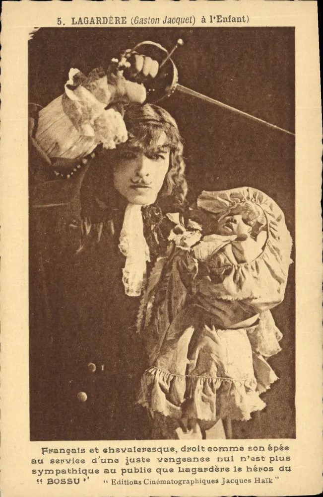 Lagardère (Gaston Jacquet) mit dem Kind — Szene aus dem Film 'Bossu' — Éditions Cinématographiques Jacques Haïk - Vorderseite