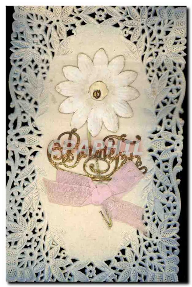 Flor branca — decoração com fita rosa — cartão postal decorado com renda - Frente