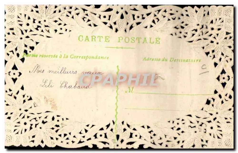 Flor branca — decoração com fita rosa — cartão postal decorado com renda - Verso