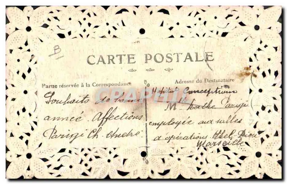 Flores e laço — Boa Ano — Carta postal decorada com renda violeta - Verso