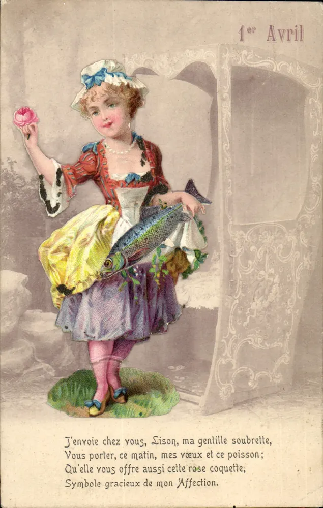 Mädchen mit Rose und Fisch — 1. April — Verlag C.A. Paris - Vorderseite