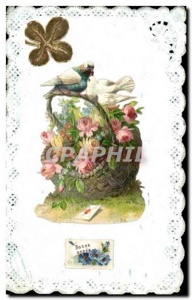 Bouquet van rozen en duiven — Antieke ansichtkaart van wens — J.C. Paris - Voorkant