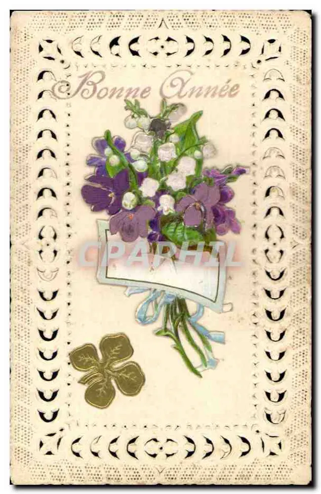 Mata de violetas — Boa Ano — Carta postal decorada com motivos recortados - Frente