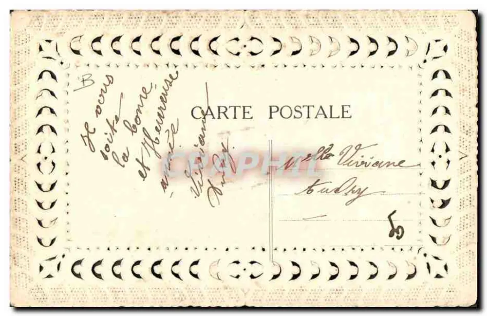 Mata de violetas — Boa Ano — Carta postal decorada com motivos recortados - Verso