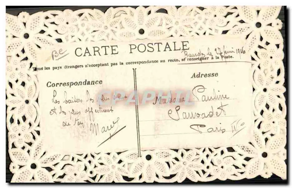 Carta postal decorativa — borda perfurada — editor desconhecido - Verso